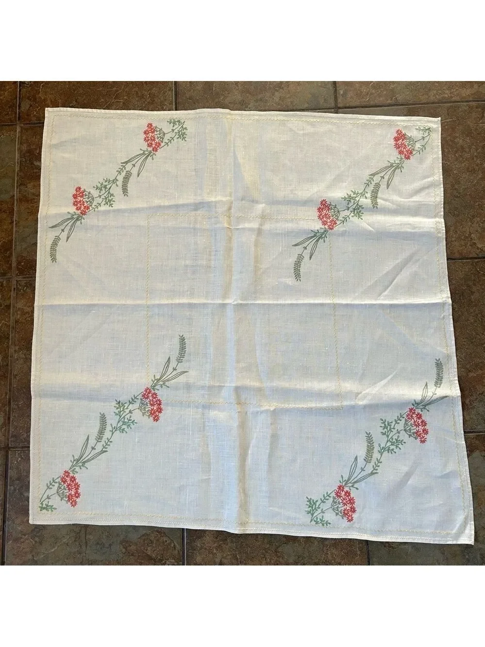 Vintage Tablecloth Linen Embroidered Floral Cottage Core Pink 33x34”